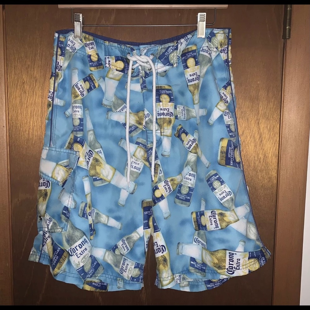 Men’s 32 OFFICIAL CORONA EXTRA Beer Bottle Print Cargo Swim Trunks Board Shorts